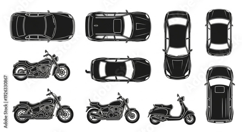 Collection of various vehicles including cars, motorcycles, and a scooter, top view.