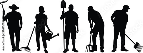 Silhouettes of gardeners with tools, outdoor yard work activity, landscaping practice, artistic farming illustration, creative gardening teamwork, agricultural labor scene