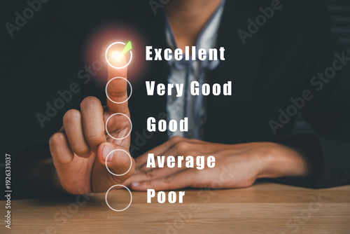 Bilde på lerret Businessman interacting with a virtual feedback form, highlighting excellent rating with a glowing checkmark