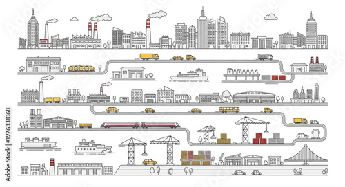 Detailed illustration of urban infrastructure, showcasing various transportation and industrial elements.