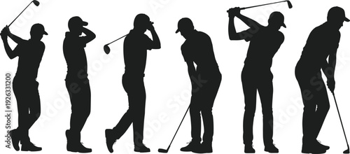 Silhouettes of golfer performing swing sequence, golf club poses, sports technique illustration, athletic practice, artistic golf movement progression scene