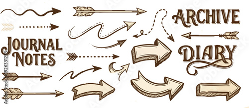 Crayon drawn scribble doodle arrow set. Sketchy black rough bold and thin arrows, curved, straight or wavy arrows. Emphasis direction pointers for hand drawn notes, diagrams and journaling. 