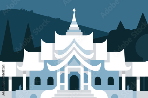 Illustration Of A White Traditional Temple Building With Surrounding Mountains And Trees, At Night Vector Design Template