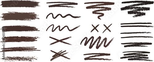 Crayon drawn lipstick colored strikethroughs and underlines for text design. Doodle vector straight strokes for hand drawn beauty industry design. Red and pink highlighters and underlines.