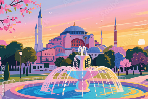Illustration Of A Fountain In The Area Of A Mosque Building With Trees Vector Design Template