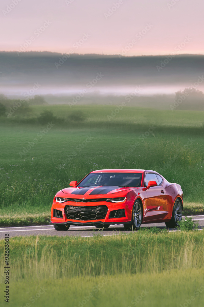 Fototapeta premium Modern muscle car cruising past green fields