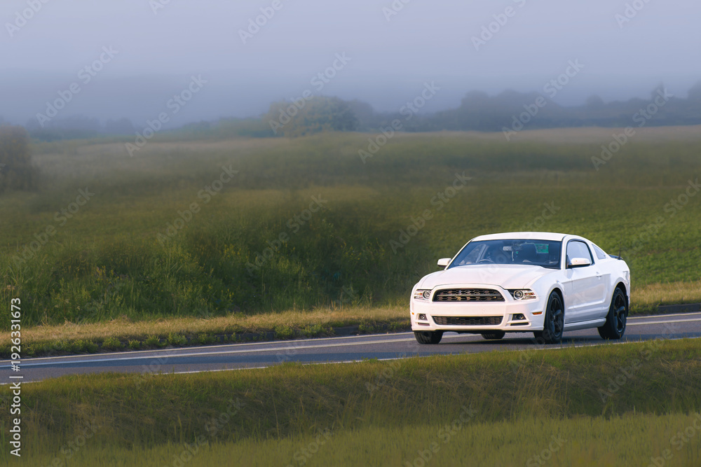 Fototapeta premium American muscle car driving on a scenic road