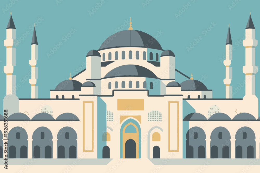 Fototapeta premium Illustration Of A Mosque Building With A Tower That Blends With The Mosque And The Blue Sky Vector Design Template
