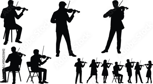 Silhouettes of violin players performing, orchestra ensemble practice, classical music group, artistic harmony, creative collaboration, musical teamwork performance scene