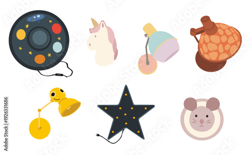 Children room lamps top view vector set, cute nursery lighting elements isolated for interior design layout