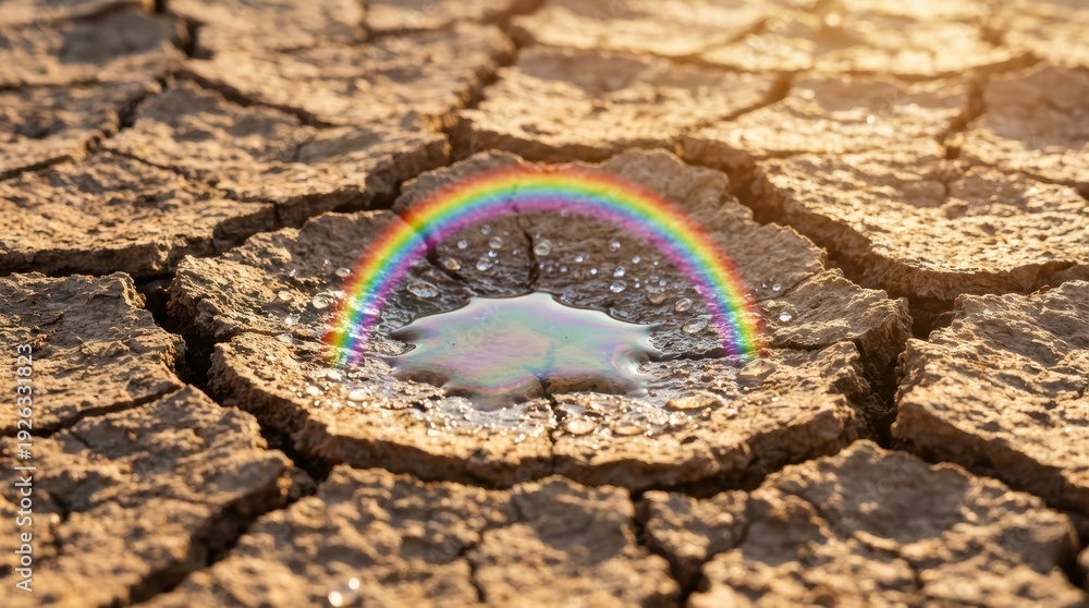 Fototapeta premium Rainbow Reflected on Water Puddle in Dry Cracked Earth