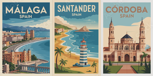 Málaga Spain Waterfront Poster, stylized coastal city illustration, Mediterranean harbor scene, retro travel poster aesthetic