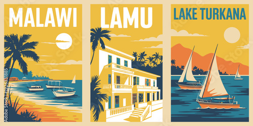 Malawi Tropical Coast Poster, stylized tropical coastline illustration, retro travel poster aesthetic, bold sunset composition