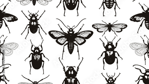 Black and White Bee Illustrations Pattern.