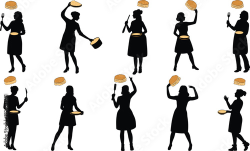 Silhouettes of women cooking pancakes, kitchen utensils in hand, culinary art scene, creative food preparation, artistic cooking activity illustration
