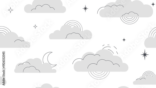 Quadro em tela Gray Clouds with Rainbows and Stars Illustration.