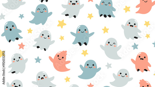 Cute Cartoon Ghosts and Stars Pattern.
