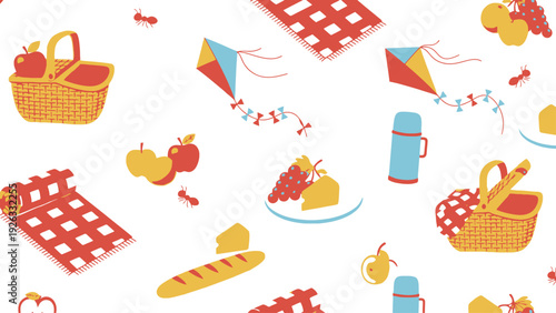Colorful Picnic Items and Food Illustration.