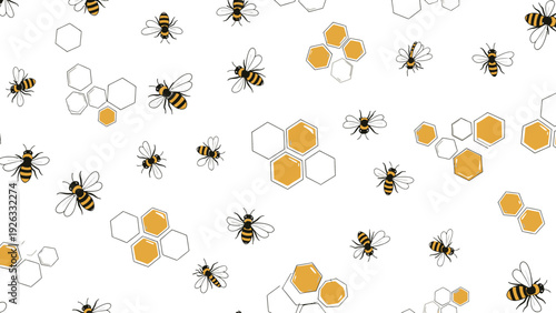 Bees and Honeycombs Pattern on White Background.