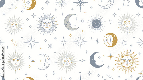 Celestial Bodies Sun Moon Stars Pattern.