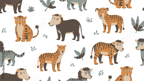 Seamless pattern featuring various wild animals and plants in a playful style.