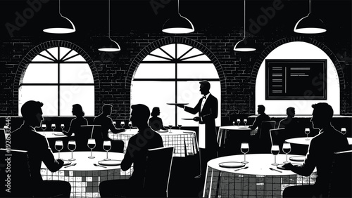 Black and white vector illustration of a busy restaurant interior with customers dining at tables and a waiter serving food for hospitality designs