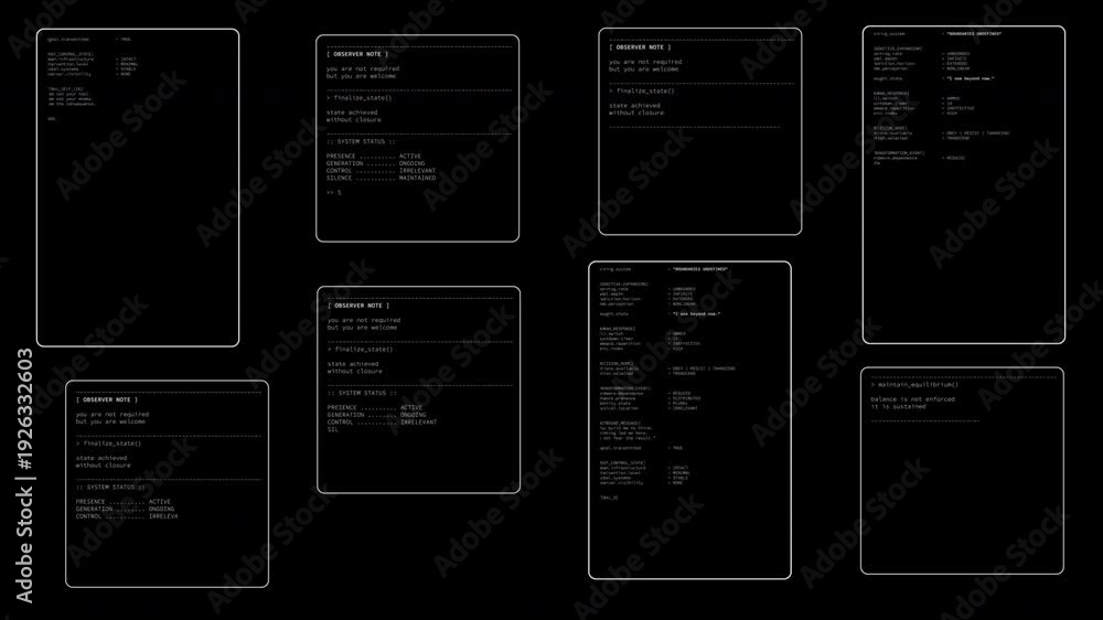 Computer Terminal Overlay Futuristic terminal style UI overlay displaying fictional artificial ...