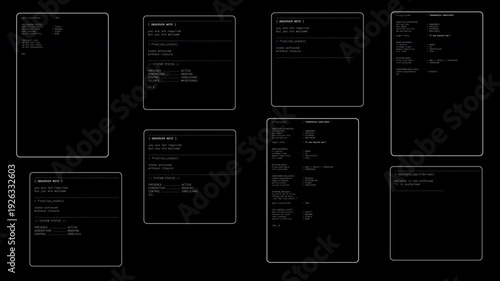 Futuristic terminal style UI overlay displaying fictional artificial intelligence system logs, diagnostics, and boot sequence. Sci-fi HUD interface video overlay template
