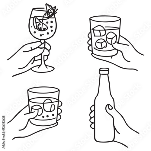 Hands holding drinks vector set - wine glasses, cocktail tumblers, and beer bottles for celebration and social gatherings.