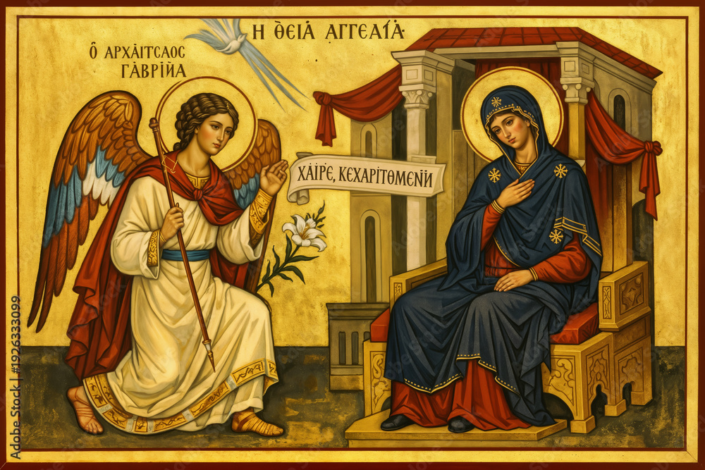 Obraz premium Annunciation icon of Archangel Gabriel and Virgin Mary gold leaf Byzantine style Feast of Annunciation March 25 Marian feast Orthodox Christian sacred art