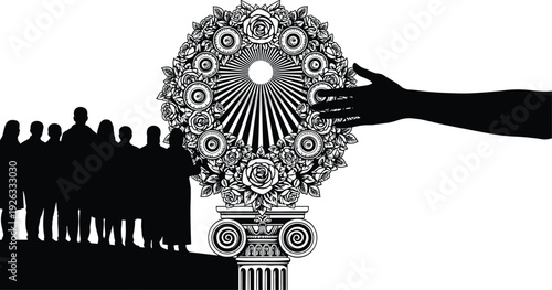 Black Silhouette Illustration of Crowd Paying Tribute to Ornate Floral Wreath Monument on Pillar for International Mother Language Day Celebration Isolated on White Background
