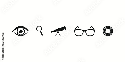 Silhouette of eye magnifying glass telescope and glasses on a white background