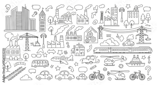 Urban Sketch - A Detailed Illustration of City Elements and Transportation.