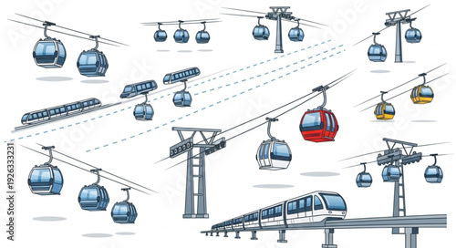 Various cable car systems and elevated train transportations illustrated on white background.
