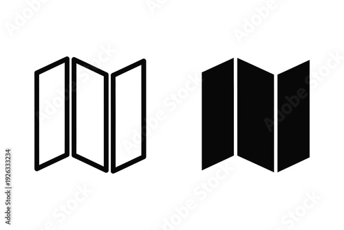 Folded Map Icons: Outline and Solid Black for Navigation and Travel