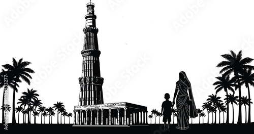 Black Silhouette Illustration of Qutub Minar Monument with Mother in Traditional Saree and Child Walking Near Palm Trees Isolated on White Background Vector Art