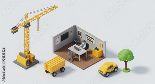 Miniature Construction Site with Crane and Vehicles.