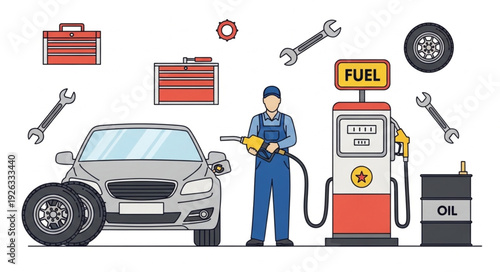 Mechanic Refueling Car at Station.