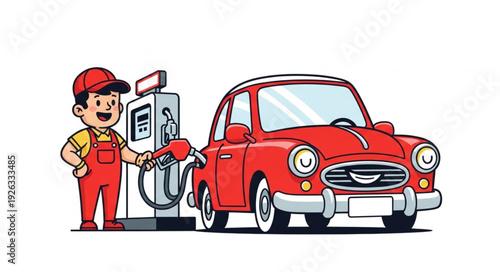 Mechanic Refueling Vintage Red Car.