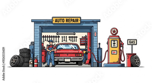 Mechanic Working on Car at Gas Station.