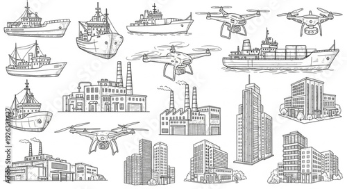 Collection of detailed architectural sketches featuring various buildings and ships in black and white.