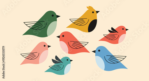 Collection of Colorful Cartoon Birds Flying Together.