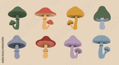 Collection of Colorful Stylized Mushrooms in Various Shapes and Sizes.