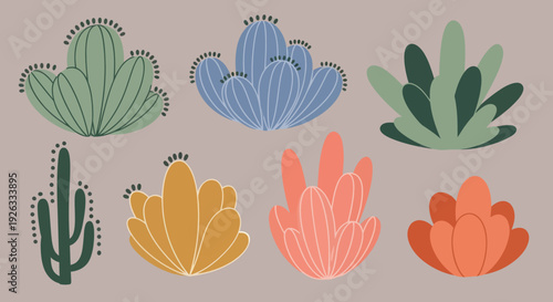 Collection of Diverse Desert Cacti and Succulent Plants in Various Colors.