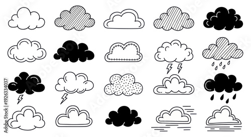 Collection of Hand Drawn Cloud Icons and Symbols.