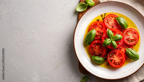 Fresh tomato salad featuring ripe red tomato slices, fresh basil leaves, and a generous drizzle of extra virgin olive oil. Perfect for Mediterranean cuisine, food blogs, recipe sites, and healthy 
