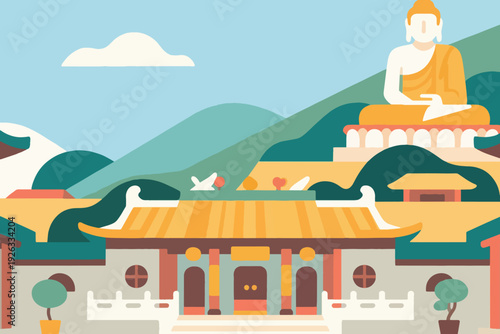 Illustration Of Buddha Statues And Temples Located Around The Mountains Vector Design Template