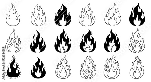 Collection of stylized fire flame icons in various designs and styles.