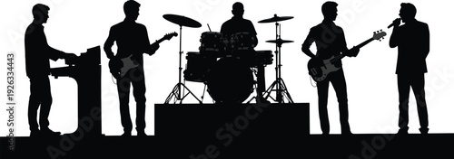 Black vector silhouette of a five piece rock band including a lead singer guitarists drummer and keyboardist performing on stage for live music designs