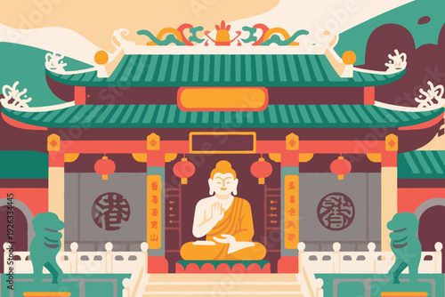 Illustration Of A Traditional Temple Building With A Buddha Statue On The Temple Terrace Vector Design Template